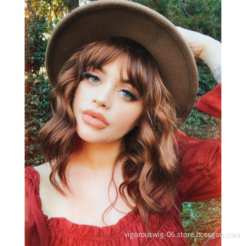 Vigorous Cheap High Temperature Synthetic Short  Wigs for Black Women 14 Inches Wavy Blonde Mixed Brown With Flat Bangs